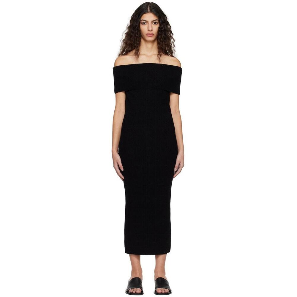 Totême Black Off-Shoulder Midi Dress Black- S